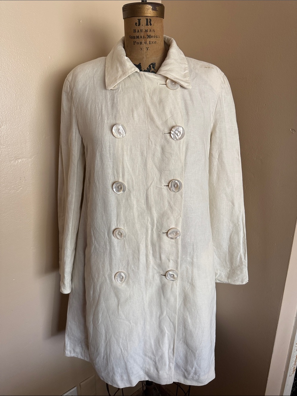 Donna Karan New York 100% Linen White Double Breasted Coat
